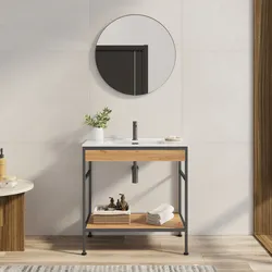 Mobile bagno a terra 90 cm nero spazzolato e rovere con lavabo integrato e specchio - Axis