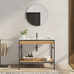 Mobile bagno a terra 100 cm nero spazzolato spazzolato e rovere con lavabo integrato e specchio - Axis