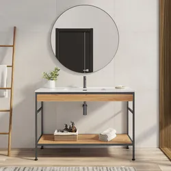 Mobile bagno a terra 120 cm nero spazzolato e rovere con lavabo integrato e specchio - Axis