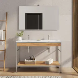 Mobile bagno a terra 120 cm acciaio inox satinato e rovere con doppio lavabo integrato e specchio - Axis