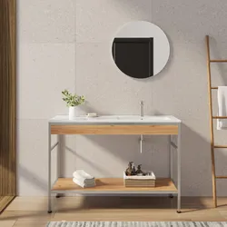 Mobile bagno a terra 120 cm acciaio inox satinato e rovere con lavabo integrato dx e specchio - Axis