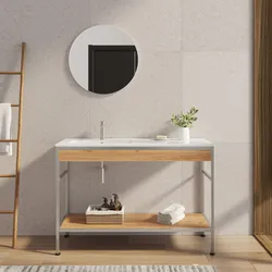 Mobile bagno a terra 120 cm acciaio inox satinato e rovere con lavabo integrato sx e specchio - Axis
