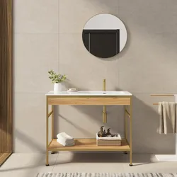 Mobile bagno a terra 100 cm oro spazzolato e rovere con lavabo integrato dx e specchio - Axis