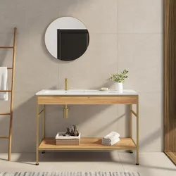 Mobile bagno a terra 120 cm oro spazzolato e rovere con lavabo integrato sx e specchio - Axis