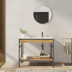 Mobile bagno a terra 100 cm nero spazzolato e rovere con lavabo integrato dx e specchio - Axis