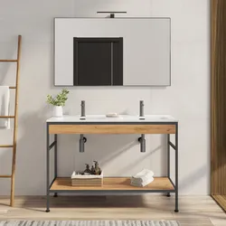 Mobile bagno a terra 120 cm nero spazzolato e rovere con doppio lavabo integrato e specchio - Axis