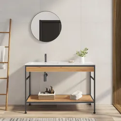 Mobile bagno a terra 120 cm nero spazzolato e rovere con lavabo integrato sx e specchio - Axis