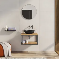 Mobile bagno sospeso 70 cm portalavabo nero spazzolato e rovere con specchio - Axis