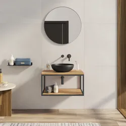Mobile bagno sospeso 90 cm portalavabo nero spazzolato e rovere con specchio - Axis