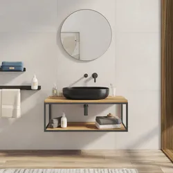 Mobile bagno sospeso 100 cm portalavabo nero spazzolato e rovere con specchio - Axis