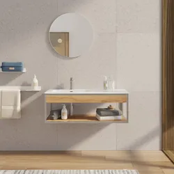 Mobile bagno sospeso 100 cm acciaio inox satinato e rovere con lavabo integrato sx e specchio - Axis