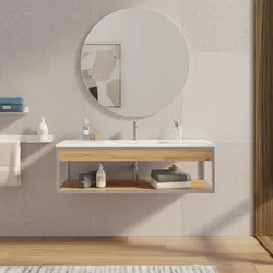 Mobile bagno sospeso 120 cm acciaio inox satinato e rovere con lavabo integrato e specchio - Axis