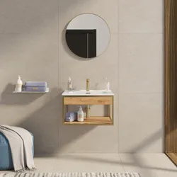 Mobile bagno sospeso 70 cm oro spazzolato e rovere con lavabo integrato e specchio - Axis