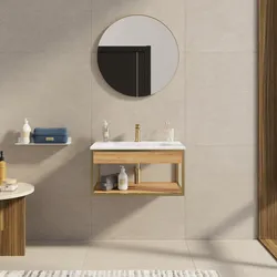 Mobile bagno sospeso 80 cm oro spazzolato e rovere con lavabo integrato e specchio - Axis