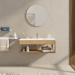 Mobile bagno sospeso 100 cm oro spazzolato e rovere con lavabo integrato e specchio - Axis