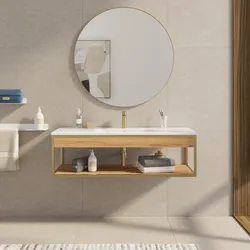 Mobile bagno sospeso 120 cm oro spazzolato e rovere con lavabo integrato e specchio - Axis