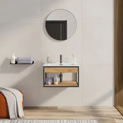 Mobile bagno sospeso 70 cm nero spazzolato e rovere con lavabo integrato e specchio - Axis