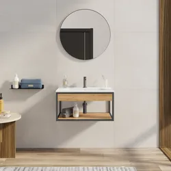 Mobile bagno sospeso 80 cm nero spazzolato e rovere con lavabo integrato e specchio - Axis