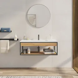 Mobile bagno sospeso 100 cm nero spazzolato spazzolato e rovere con lavabo integrato e specchio - Axis