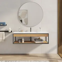 Mobile bagno sospeso 120 cm nero spazzolato e rovere con lavabo integrato e specchio - Axis