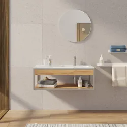 Mobile bagno sospeso 100 cm acciaio inox satinato e rovere con lavabo integrato dx e specchio - Axis