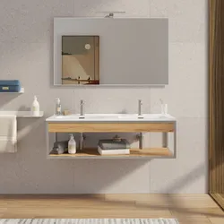 Mobile bagno sospeso 120 cm acciaio inox satinato e rovere con doppio lavabo integrato e specchio - Axis