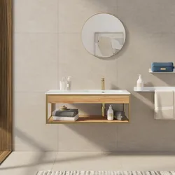Mobile bagno sospeso 100 cm oro spazzolato e rovere con lavabo integrato dx e specchio - Axis