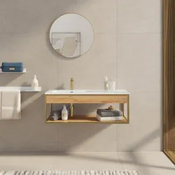 Mobile bagno sospeso 100 cm oro spazzolato e rovere con lavabo integrato sx e specchio - Axis