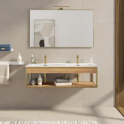 Mobile bagno sospeso 120 cm oro spazzolato e rovere con doppio lavabo integrato e specchio - Axis