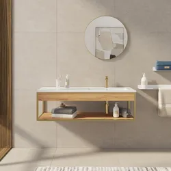 Mobile bagno sospeso 120 cm oro spazzolato e rovere con lavabo integrato dx e specchio - Axis