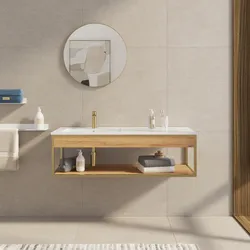 Mobile bagno sospeso 120 cm oro spazzolato e rovere con lavabo integrato sx e specchio - Axis