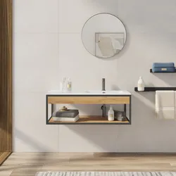 Mobile bagno sospeso 100 cm nero spazzolato e rovere con lavabo integrato dx e specchio - Axis