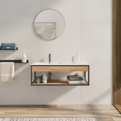 Mobile bagno sospeso 100 cm nero spazzolato e rovere con lavabo integrato sx e specchio - Axis