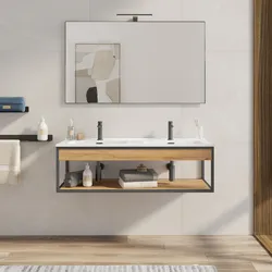 Mobile bagno sospeso 120 cm nero spazzolato e rovere con doppio lavabo integrato e specchio - Axis