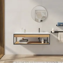 Mobile bagno sospeso 120 cm nero spazzolato e rovere con lavabo integrato dx e specchio - Axis
