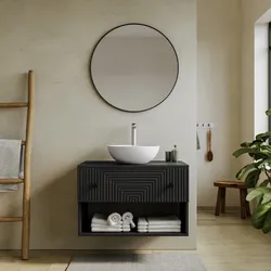 Mobile bagno portalavabo 80 cm nero opaco con vano a giorno e cassetto con specchio - Dunkel