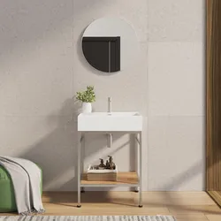 Mobile bagno a terra 60 cm acciaio inox satinato e rovere con top lavabo e specchio - Axis