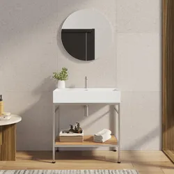Mobile bagno a terra 90 cm acciaio inox satinato e rovere con top lavabo e specchio - Axis