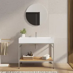 Mobile bagno a terra 100 cm acciaio inox satinato e rovere con top lavabo e specchio - Axis