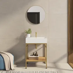 Mobile bagno a terra 70 cm oro spazzolato e rovere con top lavabo e specchio - Axis