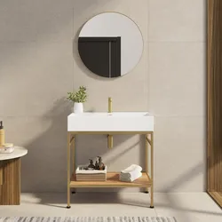 Mobile bagno a terra 80 cm oro spazzolato e rovere con top lavabo e specchio - Axis