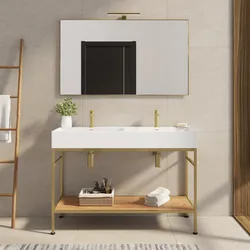 Mobile bagno a terra 120 cm oro spazzolato e rovere con top lavabo doppio e specchio - Axis