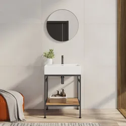 Mobile bagno a terra 70 cm nero spazzolato e rovere con top lavabo e specchio - Axis