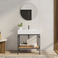 Mobile bagno a terra 80 cm nero spazzolato e rovere con top lavabo e specchio - Axis