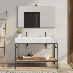 Mobile bagno a terra 120 cm nero spazzolato e rovere con top lavabo doppio e specchio - Axis