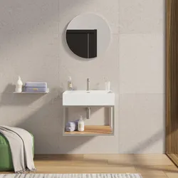 Mobile bagno sospeso 70 cm acciaio inox satinato e rovere con top lavabo e specchio - Axis