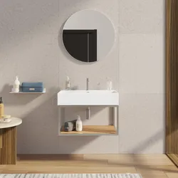 Mobile bagno sospeso 80 cm acciaio inox satinato e rovere con top lavabo e specchio - Axis