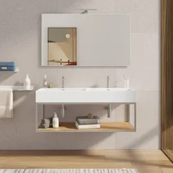 Mobile bagno sospeso 120 cm acciaio inox satinato e rovere con top lavabo doppio e specchio - Axis