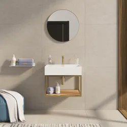 Mobile bagno sospeso 70 cm oro spazzolato e rovere con top lavabo e specchio - Axis