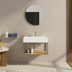 Mobile bagno sospeso 90 cm oro spazzolato e rovere con top lavabo e specchio - Axis